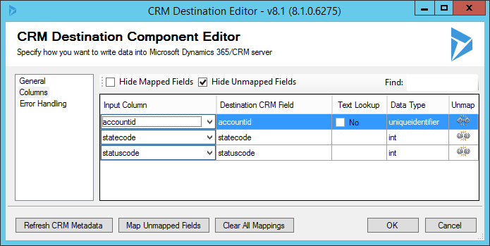 StateCode Mappings in CRM Destination Component